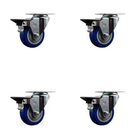 Service Caster 3.5'' Blue Poly Wheel Swivel Top Plate Caster Set Posi Brake, 4PK SCC-20S3514-PPUB-BLUE-PLB-4